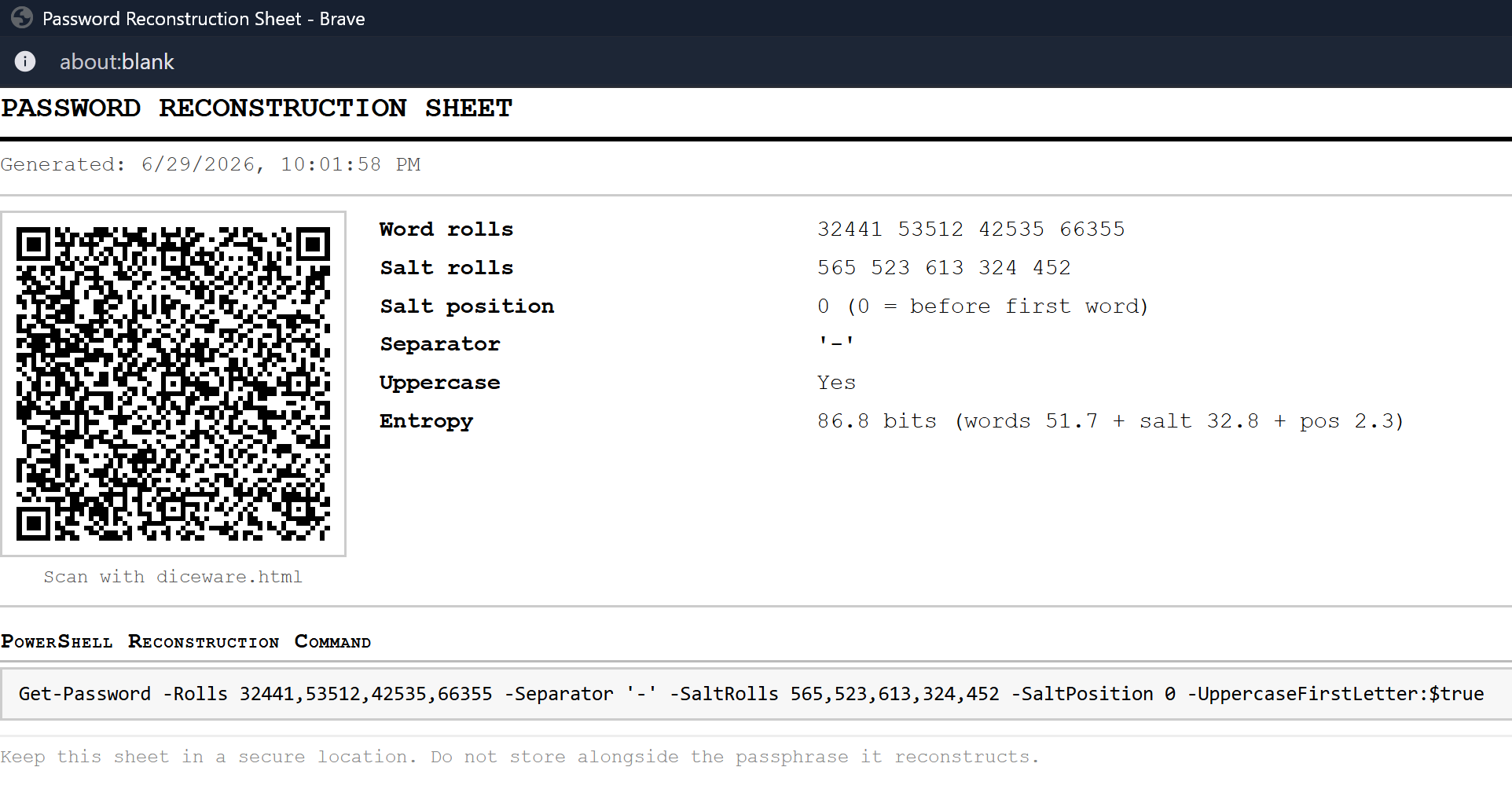 Password Reconstruction Sheet